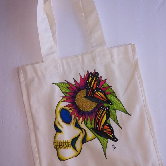 Hand-Painted Skull Tote Bag: Sunflower & Butterfly Art 14x13x7 - Picture 16 of 16